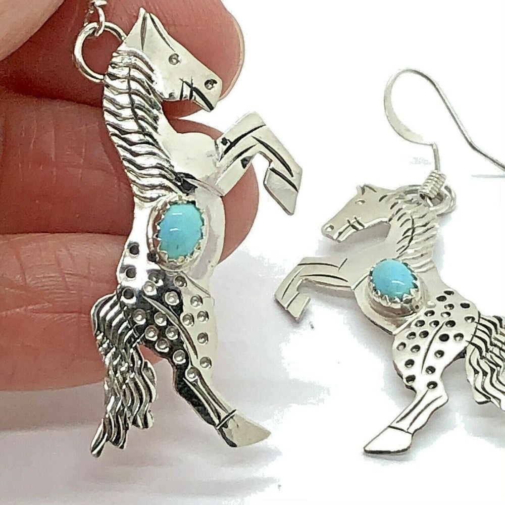 Rearing Horse Turquoise Navajo Earrings 2.25in Sterling Signed L Yazzie Handmade